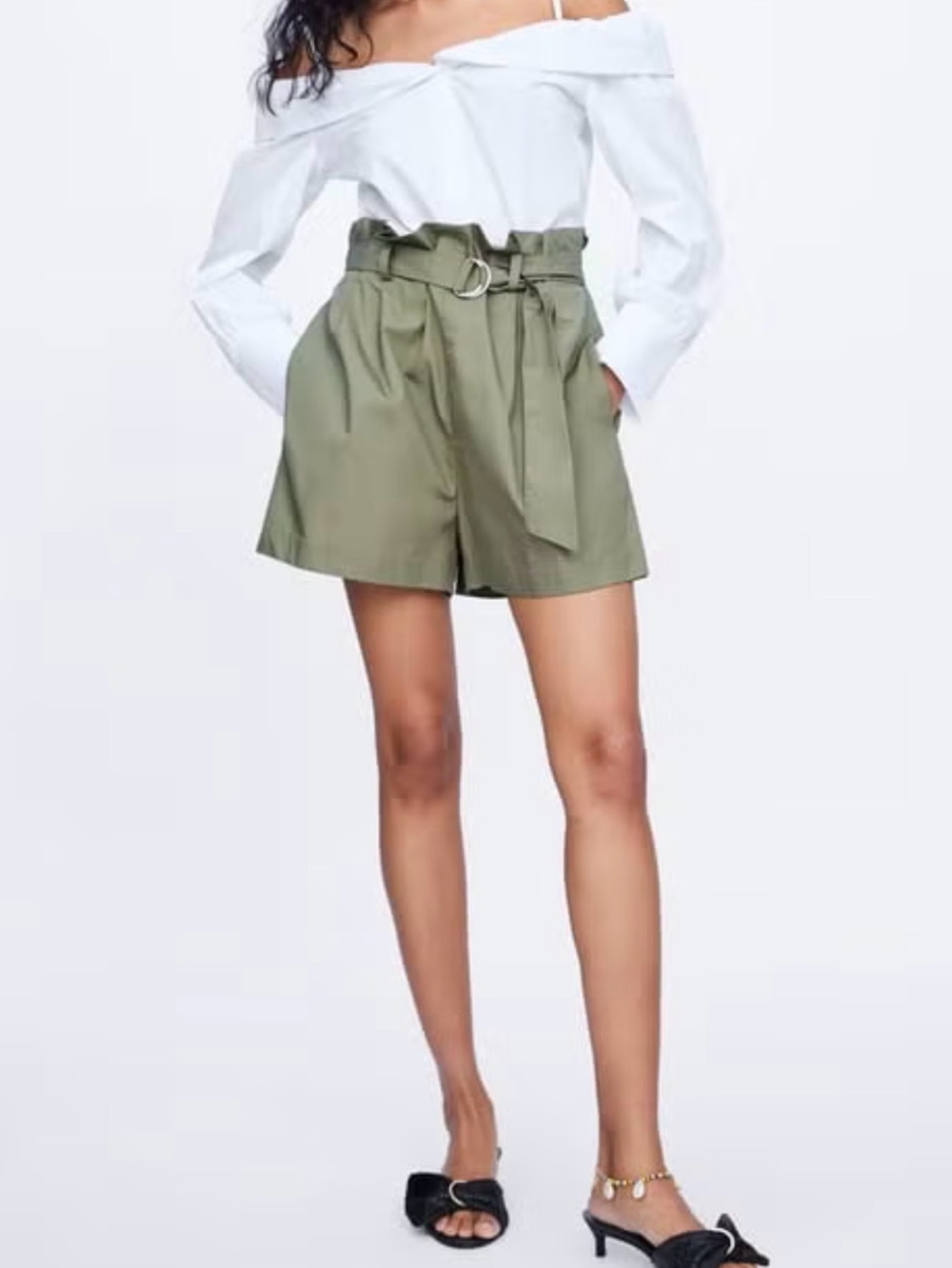 Zara Olive Green High-Waist Paperbag Shorts with D-Ring Belt
